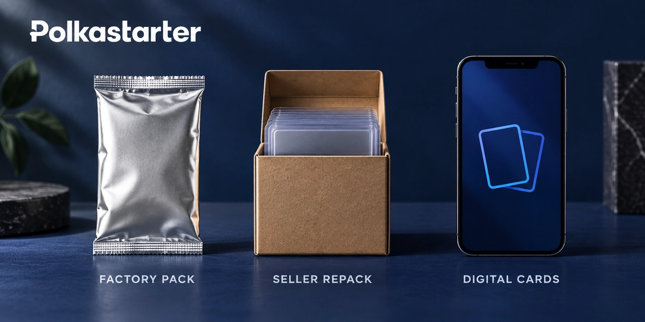 Editorial illustration comparing a factory pack, seller repack and digital card format