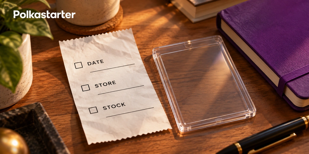Editorial illustration of a date, store and stock checklist beside an empty card protector