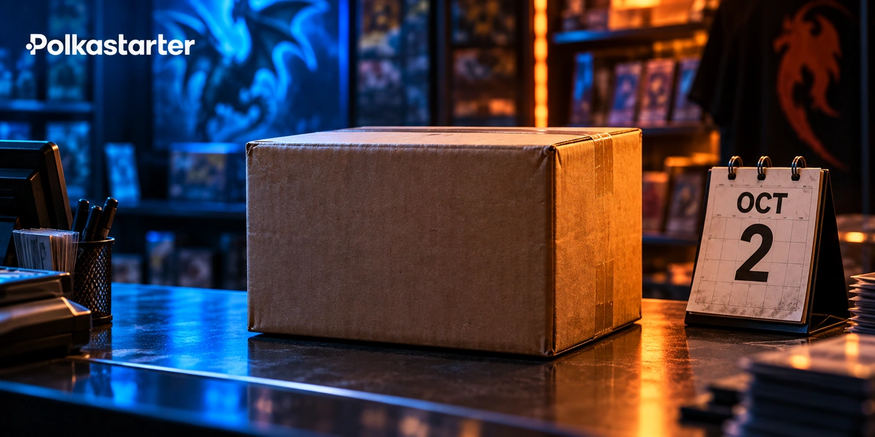 Editorial illustration of a plain shipment carton in a fantasy game store with an October 2 calendar
