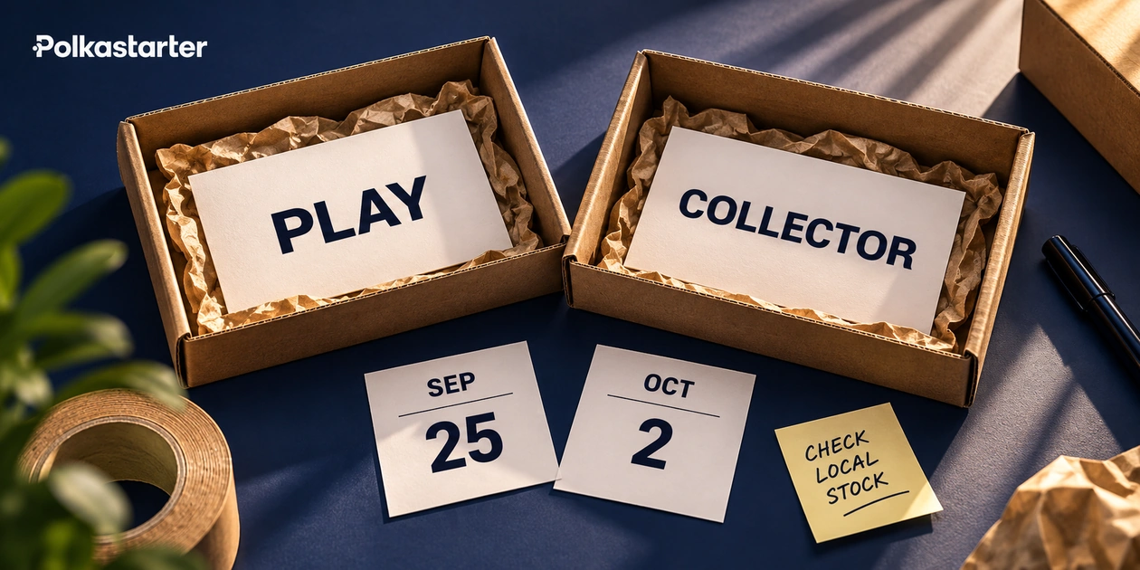Editorial illustration of Play and Collector shipment trays with September 25 and October 2 dates
