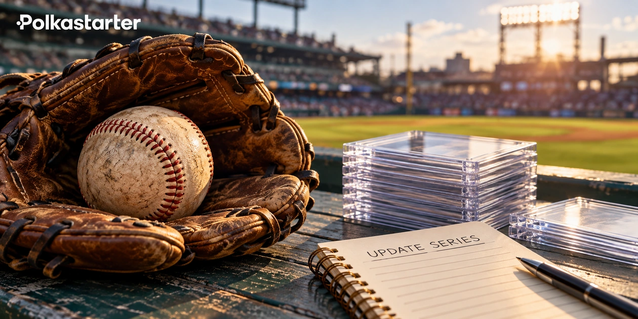 Editorial illustration of a baseball glove, ball and card holders beside an Update Series notebook