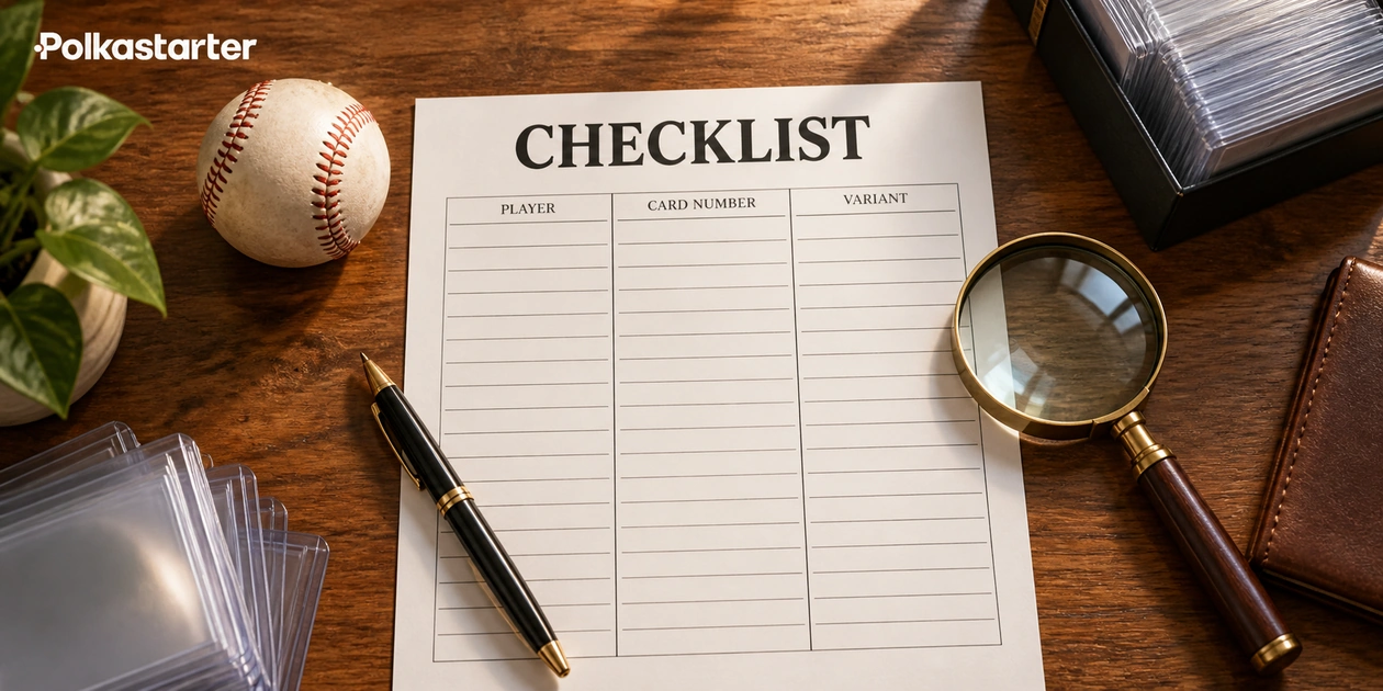 Editorial illustration of a baseball card inventory worksheet and magnifying glass