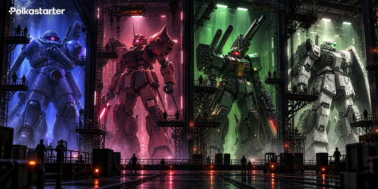 Editorial illustration of four mecha silhouettes in a dramatically lit hangar