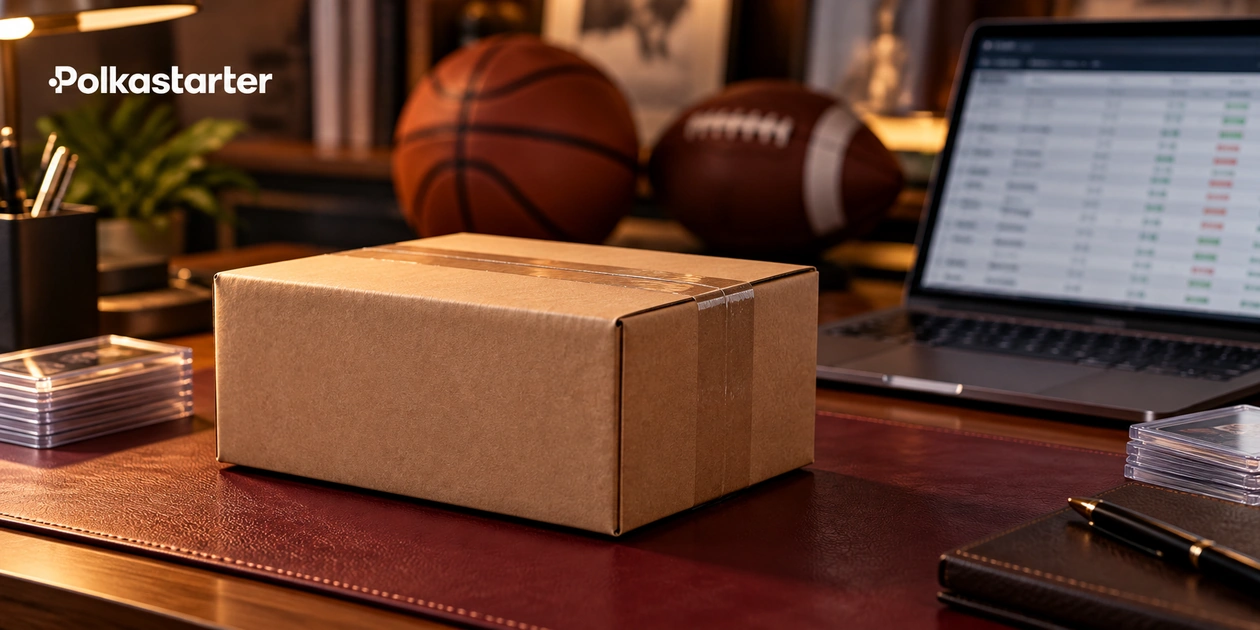 Editorial illustration of a sports-card mailer and abstract spreadsheet on a collector desk