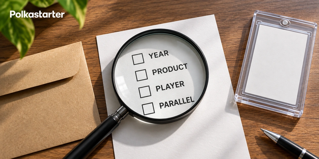 Editorial illustration of a redemption checklist labelled year, product, player and parallel