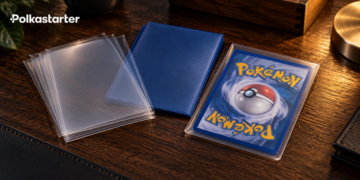 Editorial illustration of a sleeved Pokémon card back with clear sleeves and a blue deck sleeve