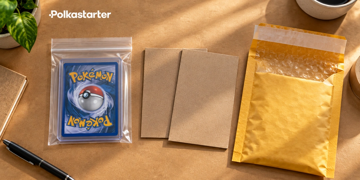 Editorial illustration of a protected Pokémon card back and parcel-packing supplies