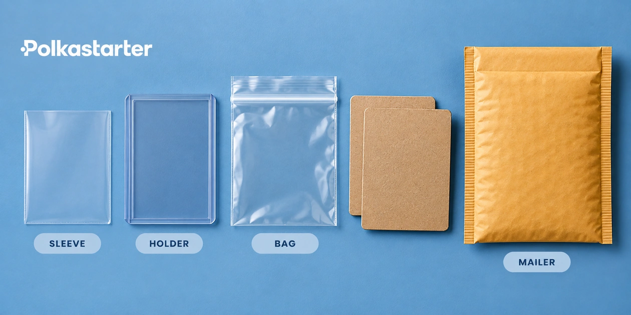 Editorial illustration of a soft sleeve, rigid holder, team bag and bubble mailer