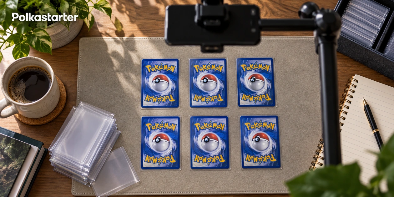 Editorial illustration of a phone photographing Pokémon card backs on a collector's desk