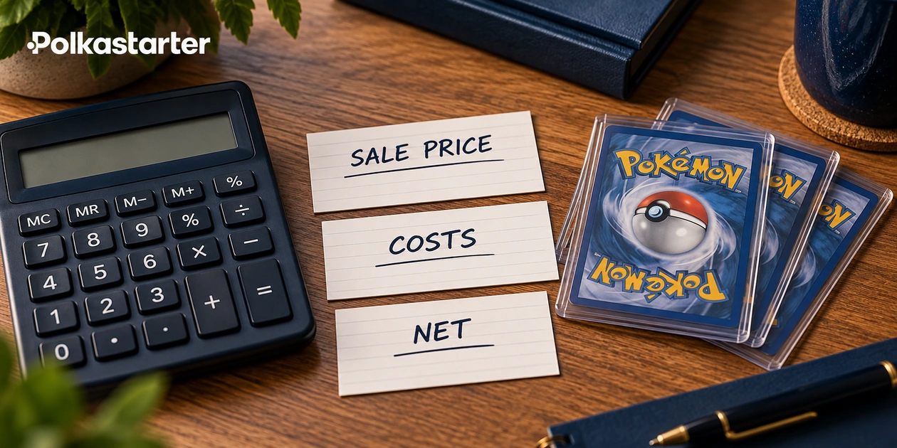 Editorial illustration of a calculator with sale price, costs and net labels beside protected cards