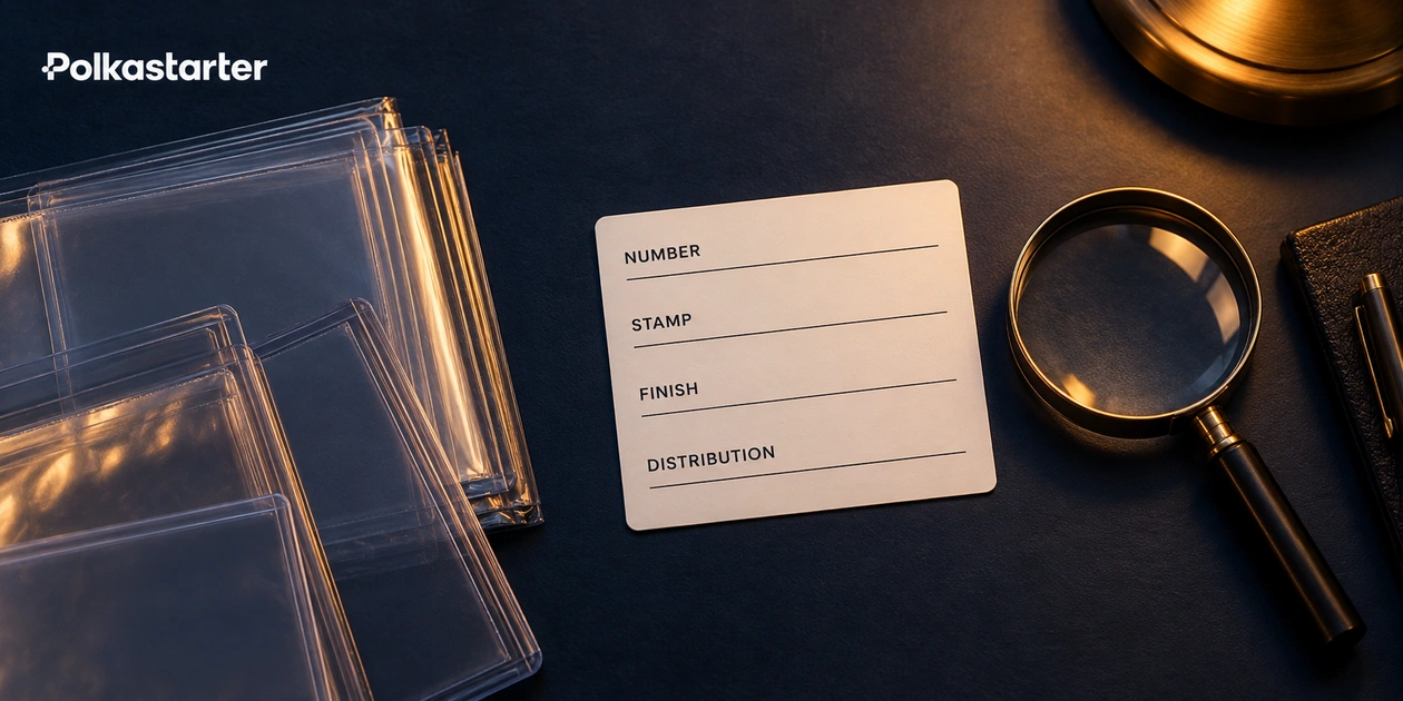 Editorial illustration of a promo identification worksheet, sleeves and magnifying glass