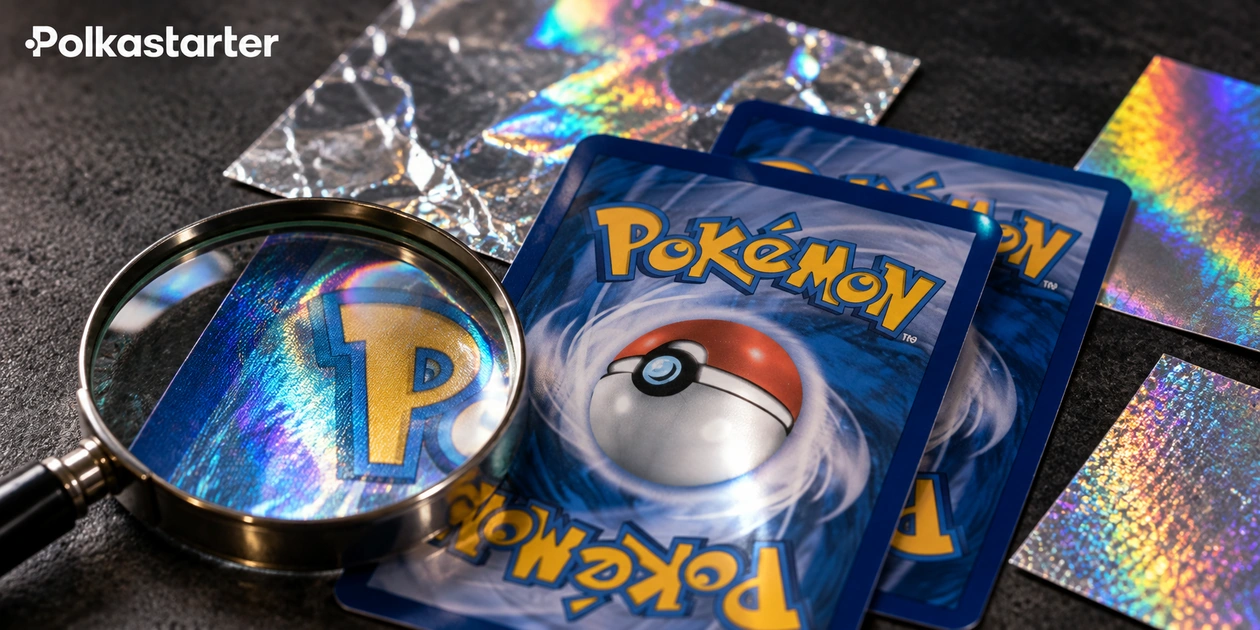 Editorial illustration of Pokémon card backs, reflective foil swatches and a magnifying glass