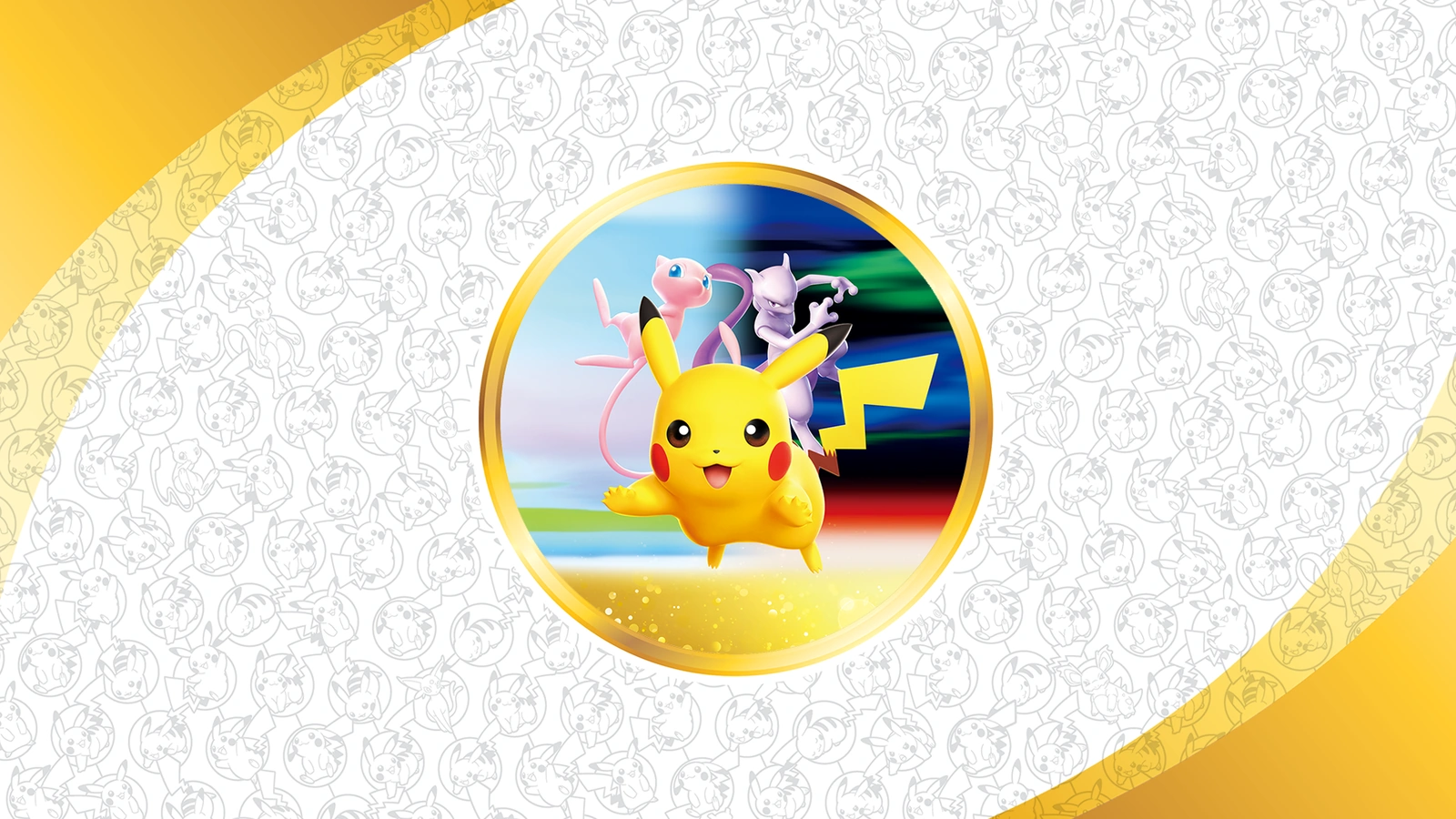 Official TCG Live anniversary artwork featuring Pikachu, Mew and Mewtwo inside a gold circle