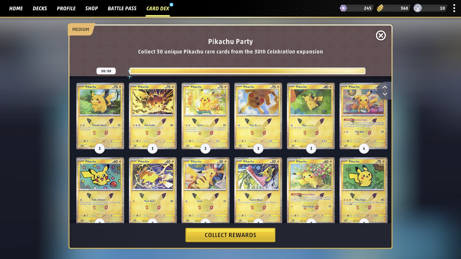 Official TCG Live Pikachu Party Mission screenshot showing unique Pikachu rare cards and a rewards button