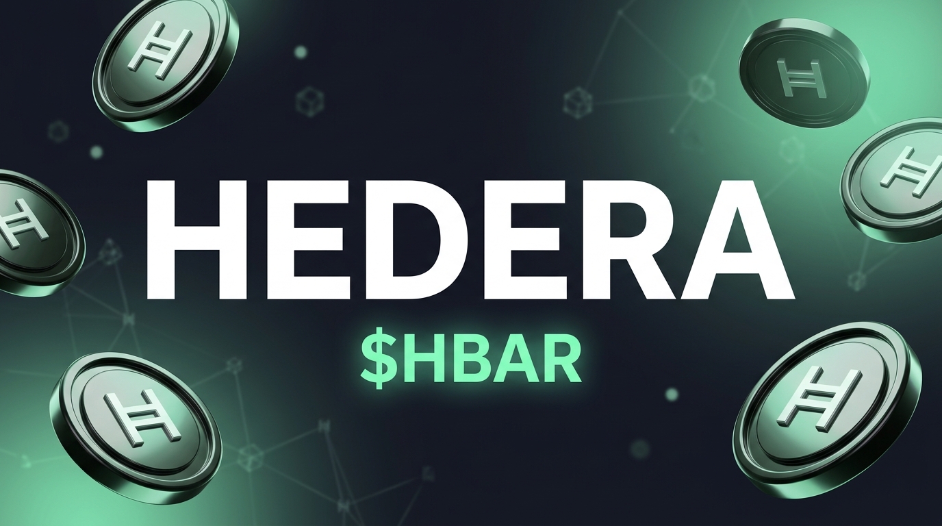 Hedera ($HBAR) token cover card for a guide to spending Hedera in 2026, showing glossy 3D Hedera coins over a gradient background