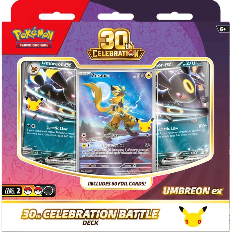 Official Umbreon ex 30th Celebration Battle Deck package showing Umbreon ex and Zeraora