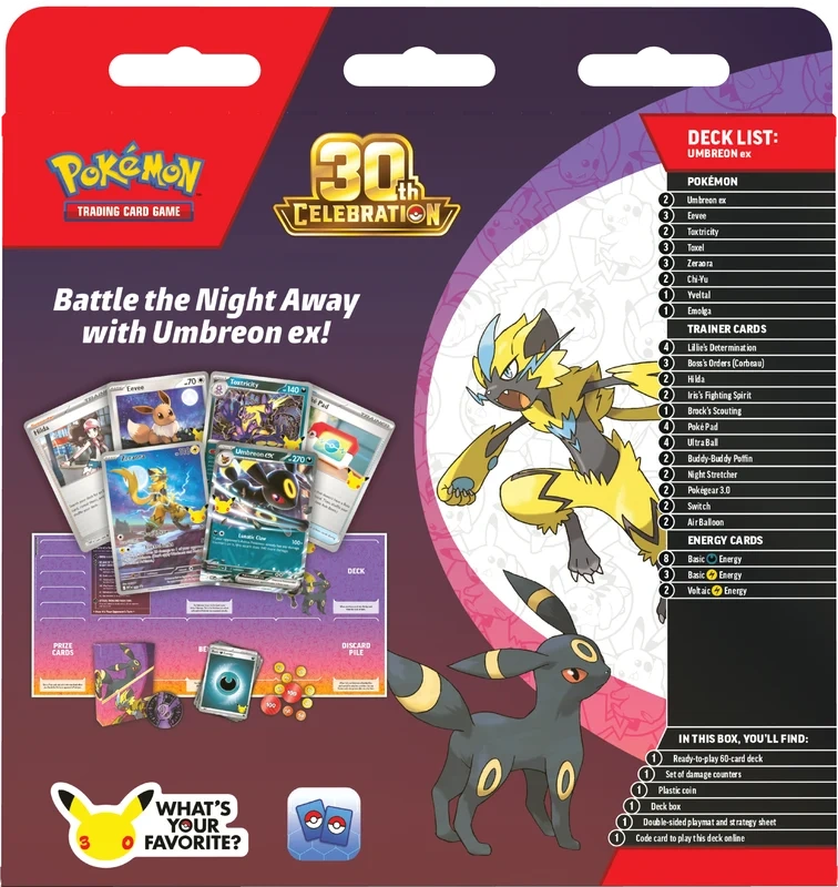 Back of the Umbreon ex anniversary Battle Deck packaging with its deck list and accessories