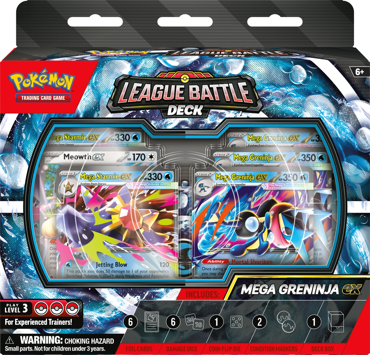 Front of the official Mega Greninja ex League Battle Deck box with Mega Starmie ex and Meowth ex