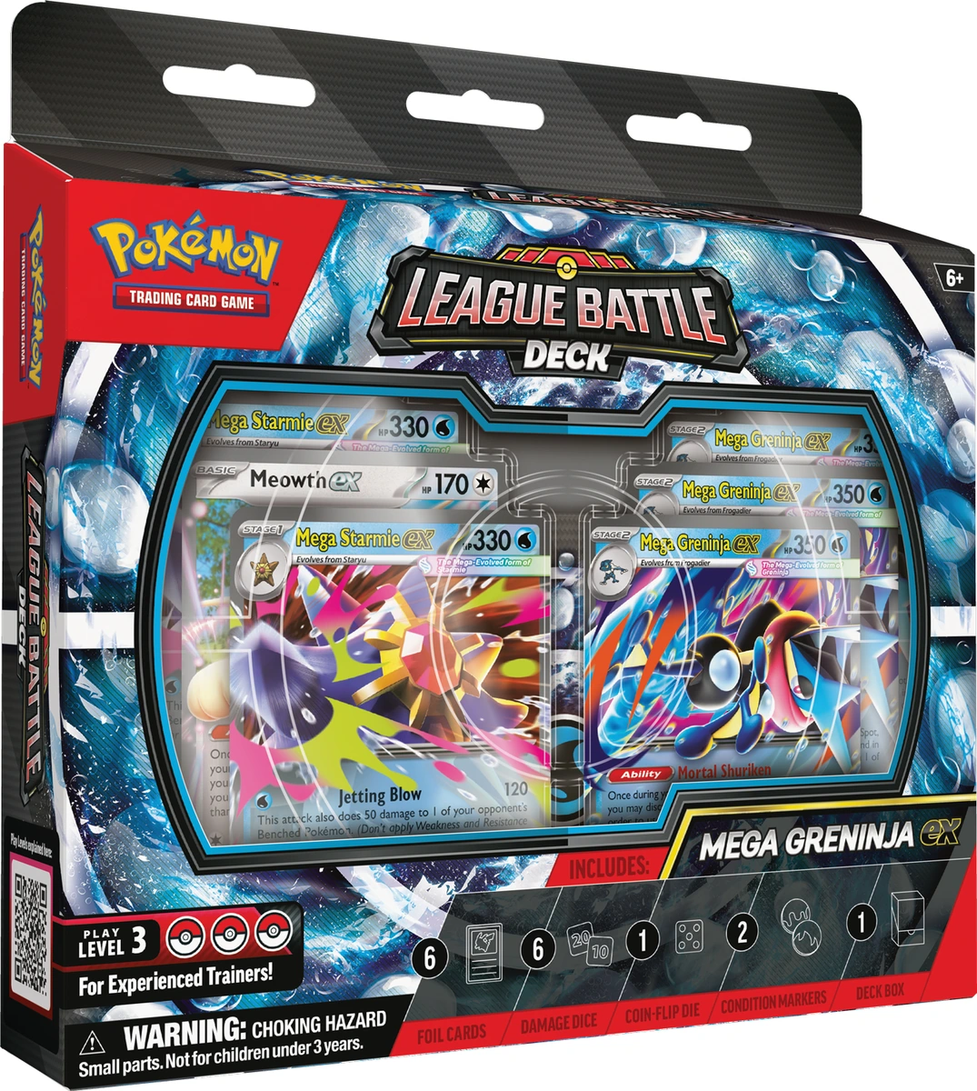 Angled official Mega Greninja ex League Battle Deck box showing its play-level label and contents icons