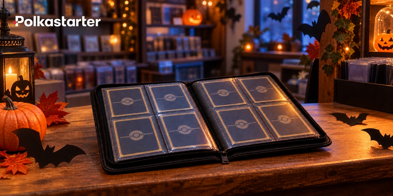 Editorial illustration of a trade binder in a Halloween-decorated card shop