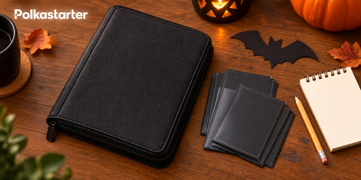 Editorial illustration of a closed trade binder, sleeves and notebook beside Halloween decorations