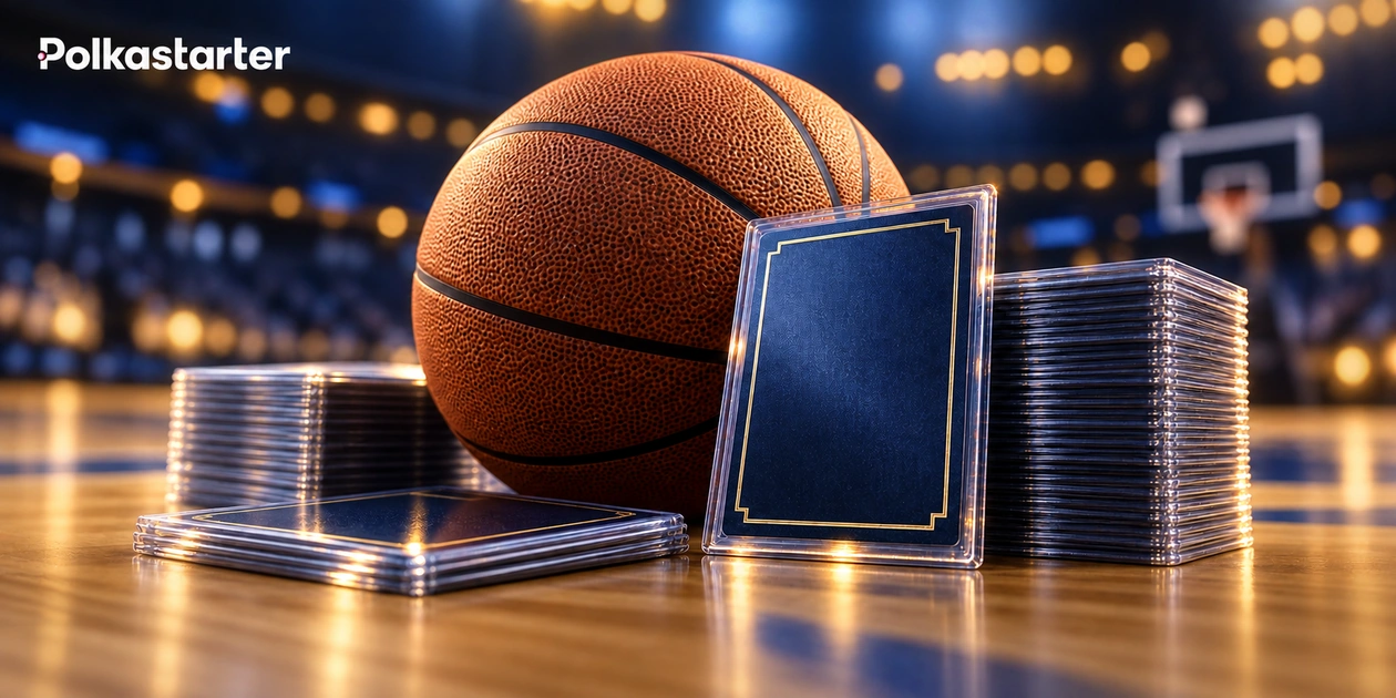 Editorial illustration of a basketball beside plain-backed cards in protective holders