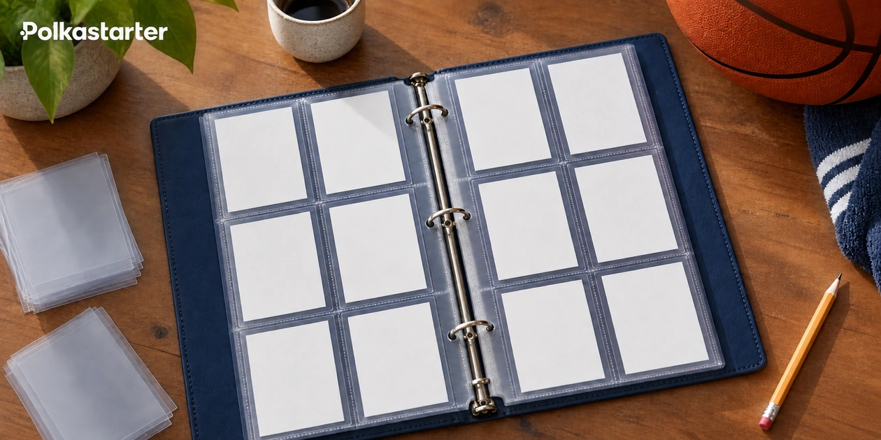 Editorial illustration of a basketball collector’s binder and sleeves on a wooden desk