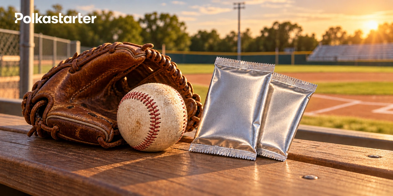 Editorial illustration of a baseball and glove beside unbranded card packs at a baseball field