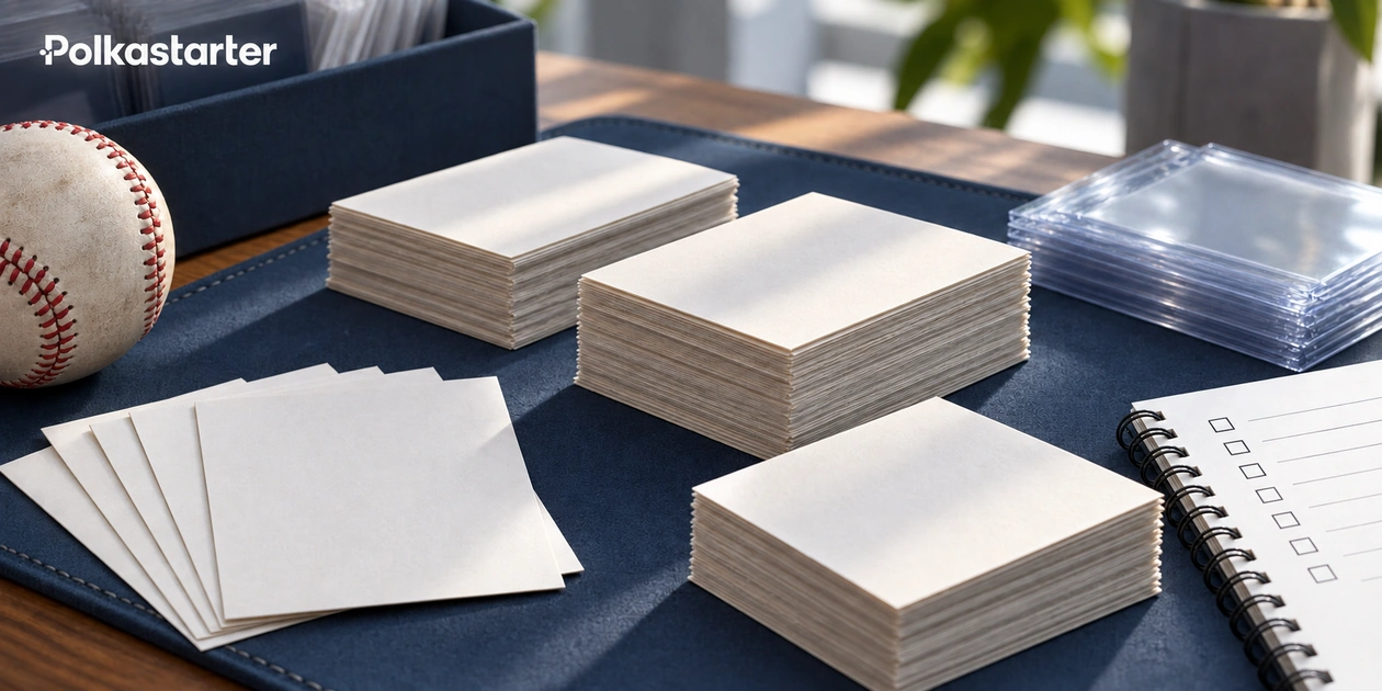 Editorial illustration of a baseball collector’s sorting workspace with plain-backed cards and sleeves