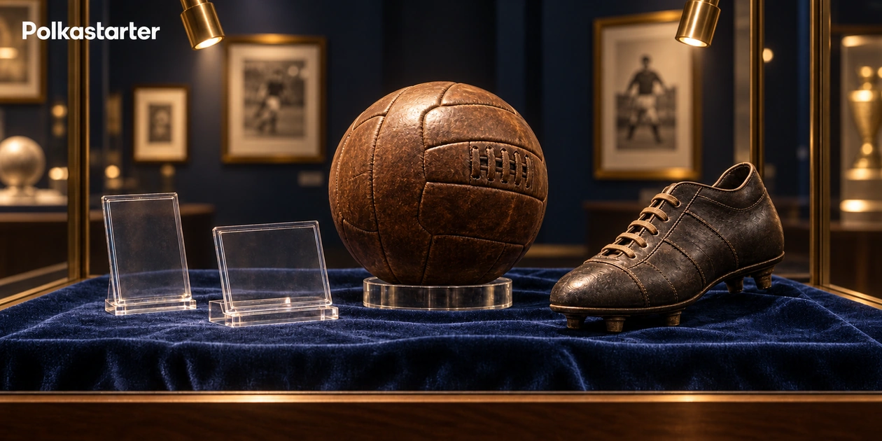Editorial illustration of a football, boot and empty card holders in a museum-style display