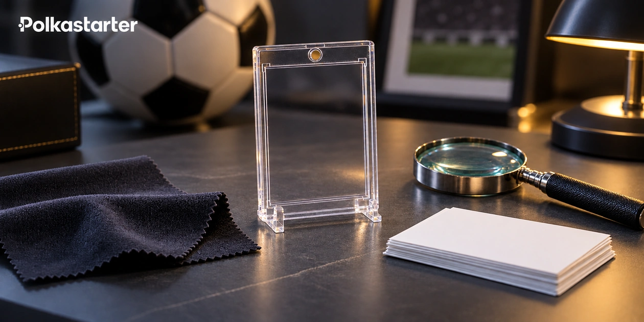 Editorial illustration of a soccer memorabilia inspection desk with empty holder, fabric and magnifying glass