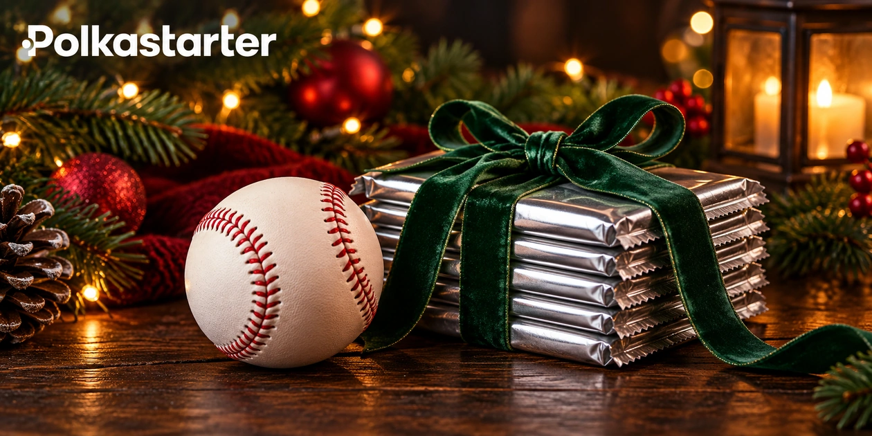 Editorial illustration of a baseball beside unbranded packs wrapped with a holiday ribbon