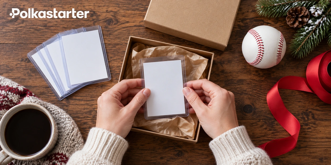 Editorial illustration of a collector placing a plain-backed sleeved card into a gift box