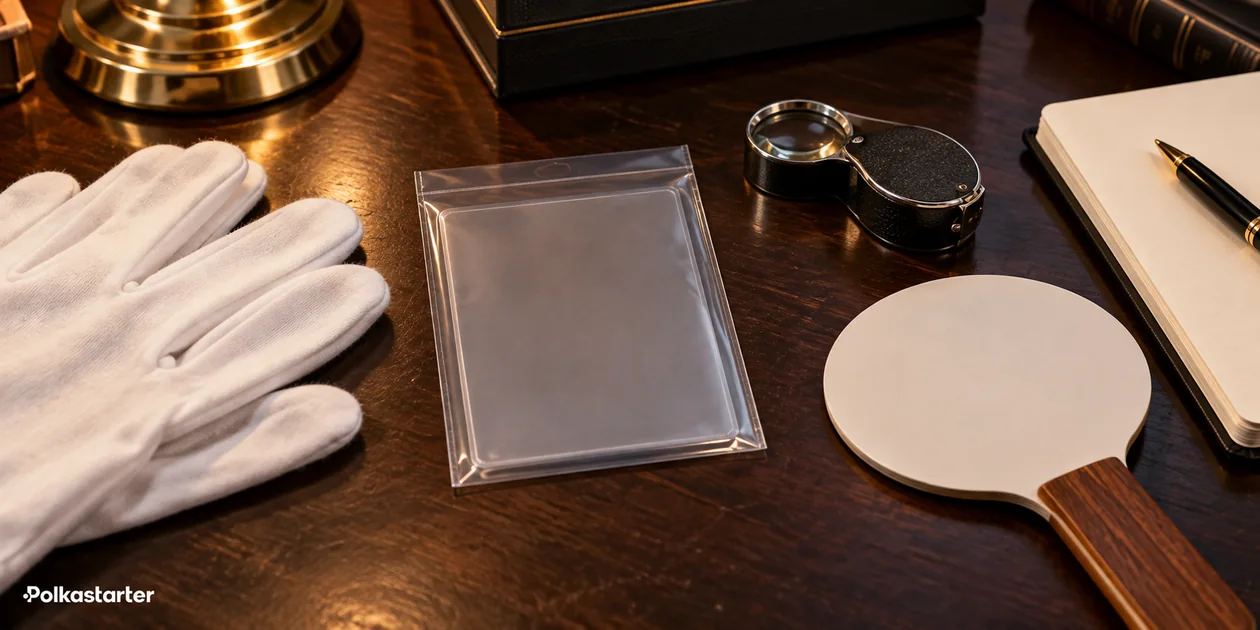 Gloves, empty protective card sleeve, loupe and notebook on a collector inspection desk