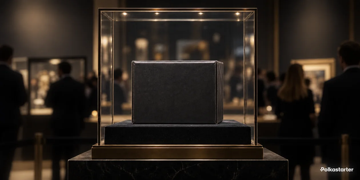Unbranded archive box in a glass auction display case with blurred visitors behind it