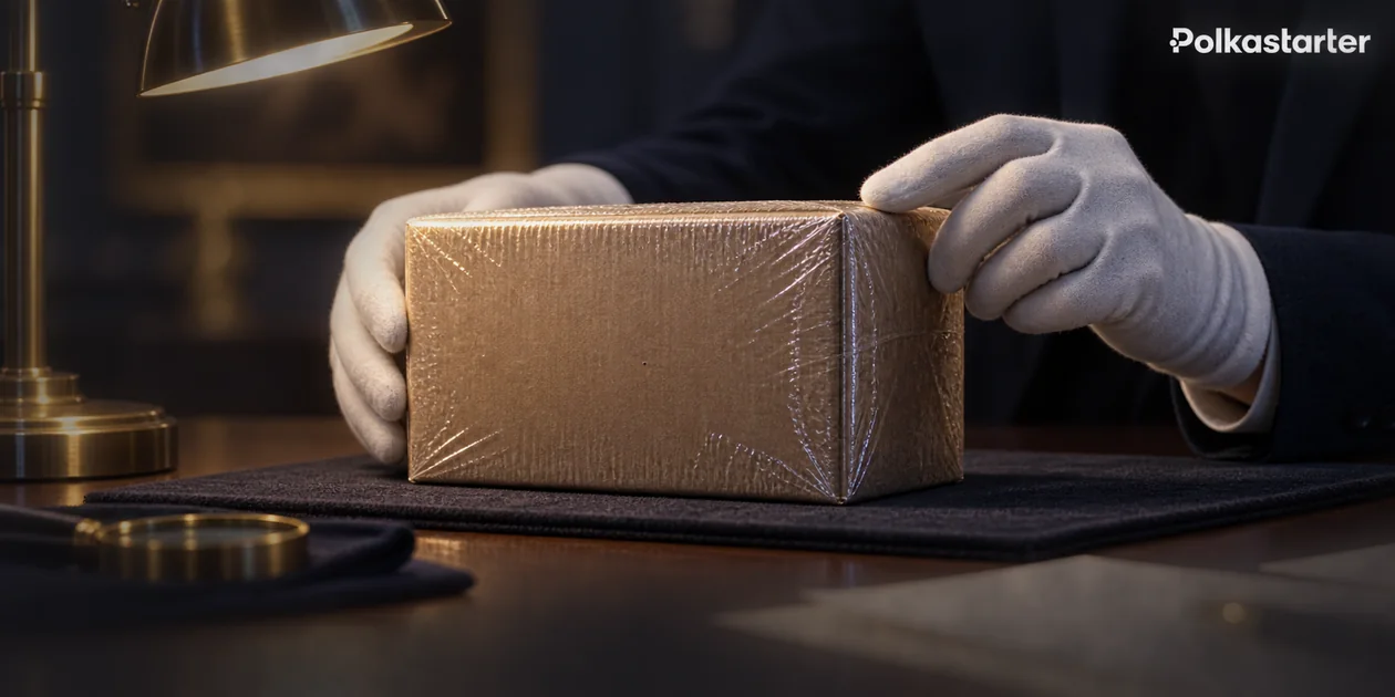 Gloved hands inspect shrink-wrap on a plain unbranded archive box at a desk