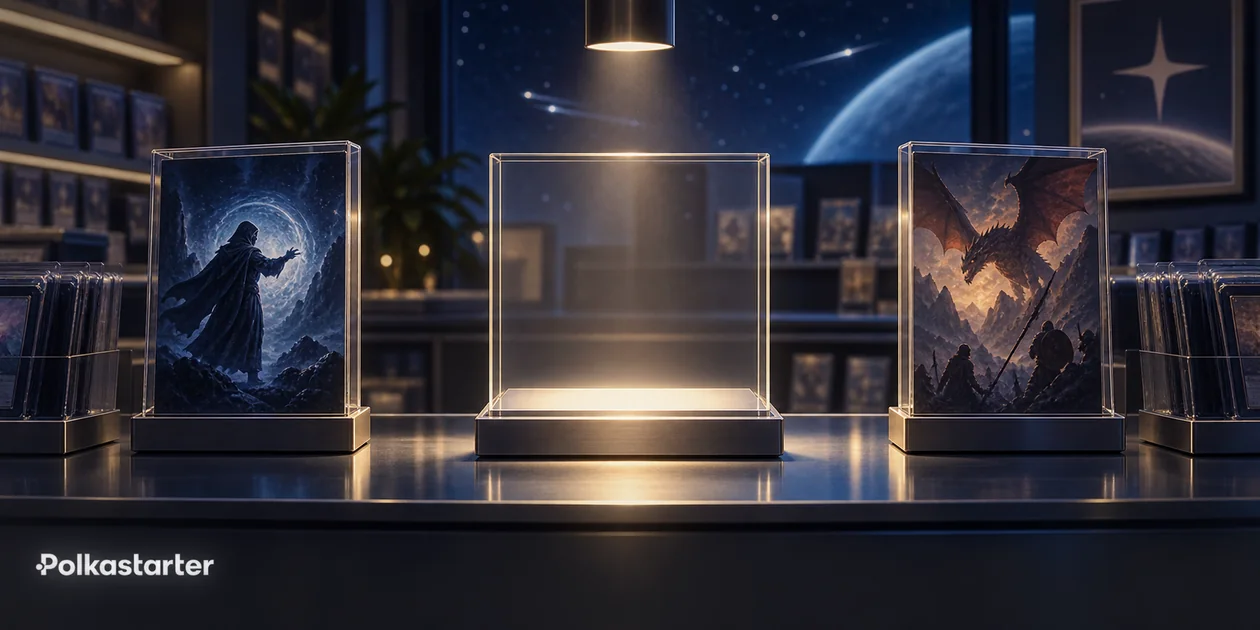 Empty lit display case between two unbranded fantasy card displays in a card shop