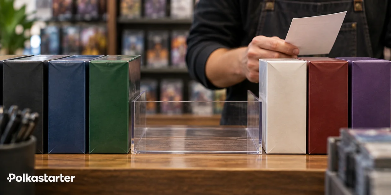 Empty space between plain card game boxes on a shop counter as a clerk checks a blank slip