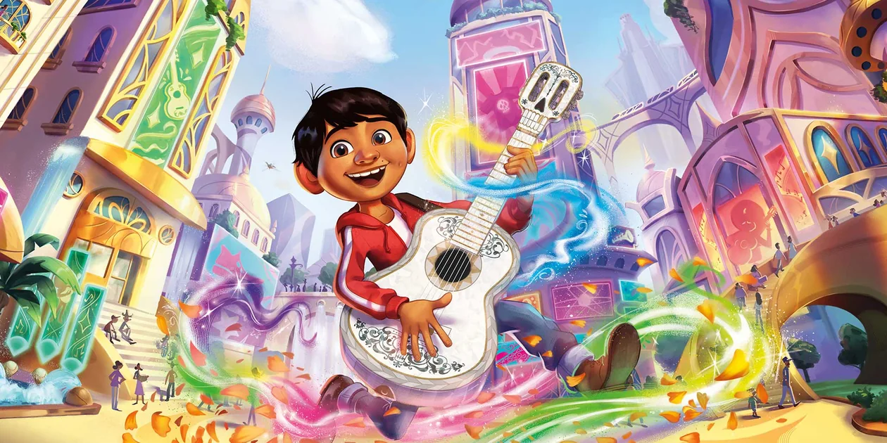 Official Hyperia City illustration of Miguel playing a white guitar in a bright fantasy street