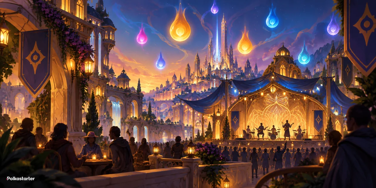 Fantasy city music stage at twilight with floating colored ink-drop lights