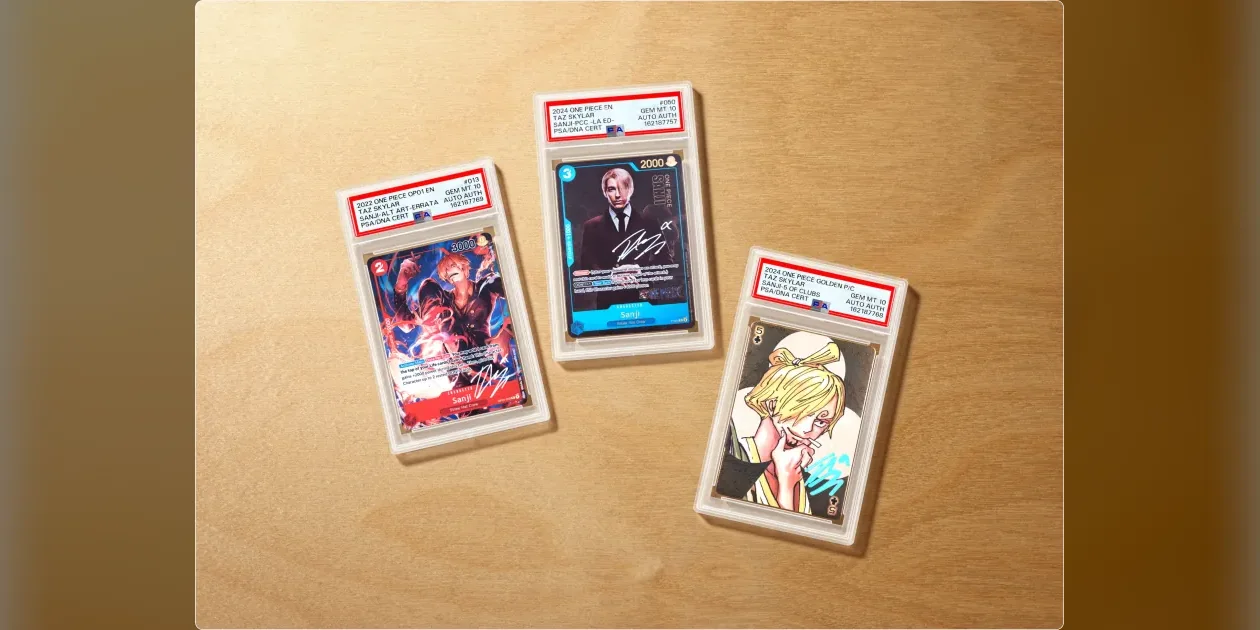 Three Taz Skylar signed Sanji cards in PSA holders from PSA's signing announcement