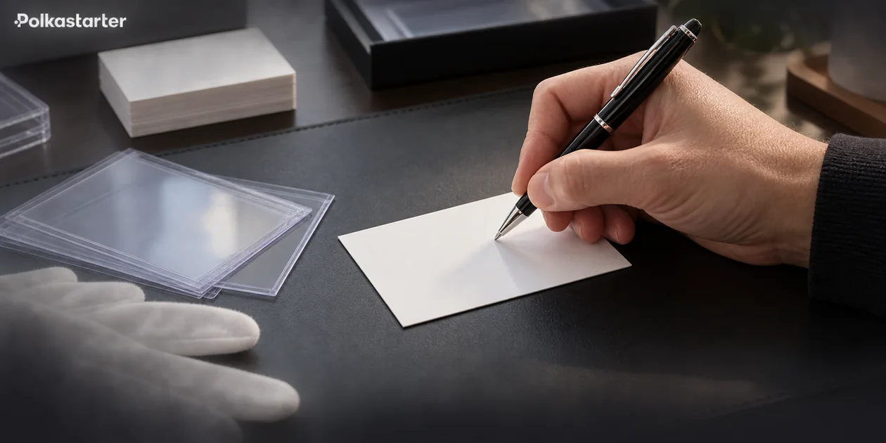 Anonymous hand signs a blank card-sized sheet beside protective sleeves and gloves