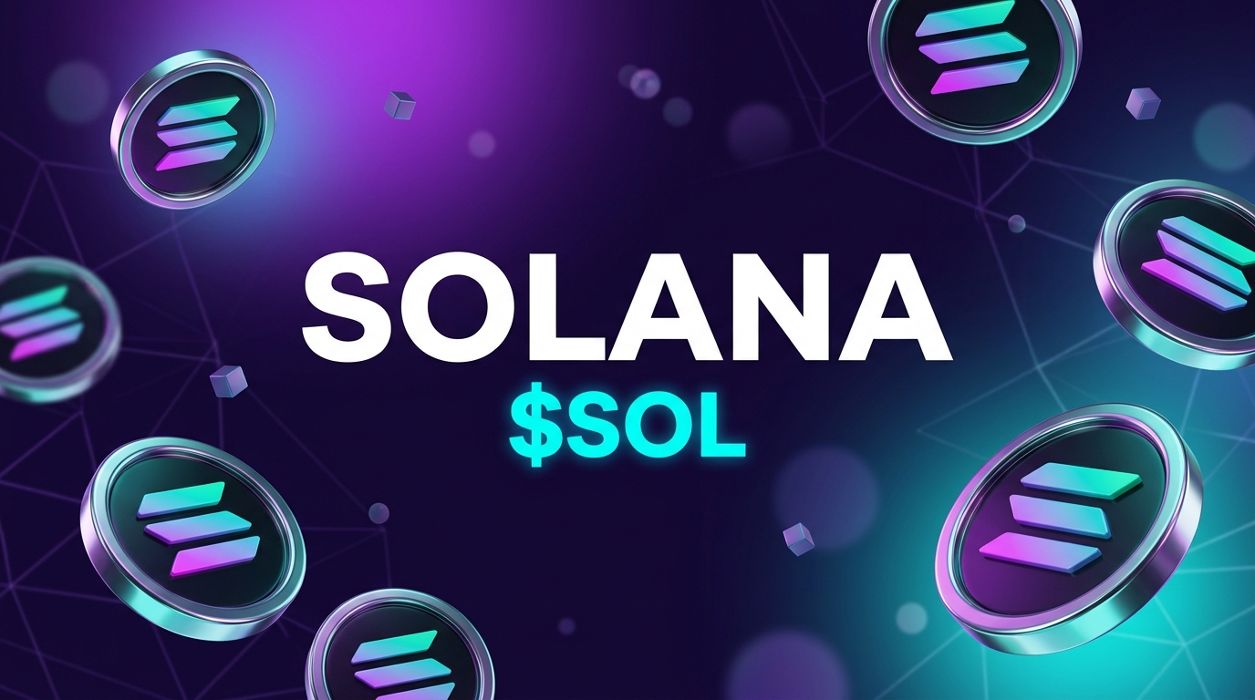 Solana ($SOL) token cover card for a guide to spending Solana in 2026, showing glossy 3D Solana coins over a gradient background