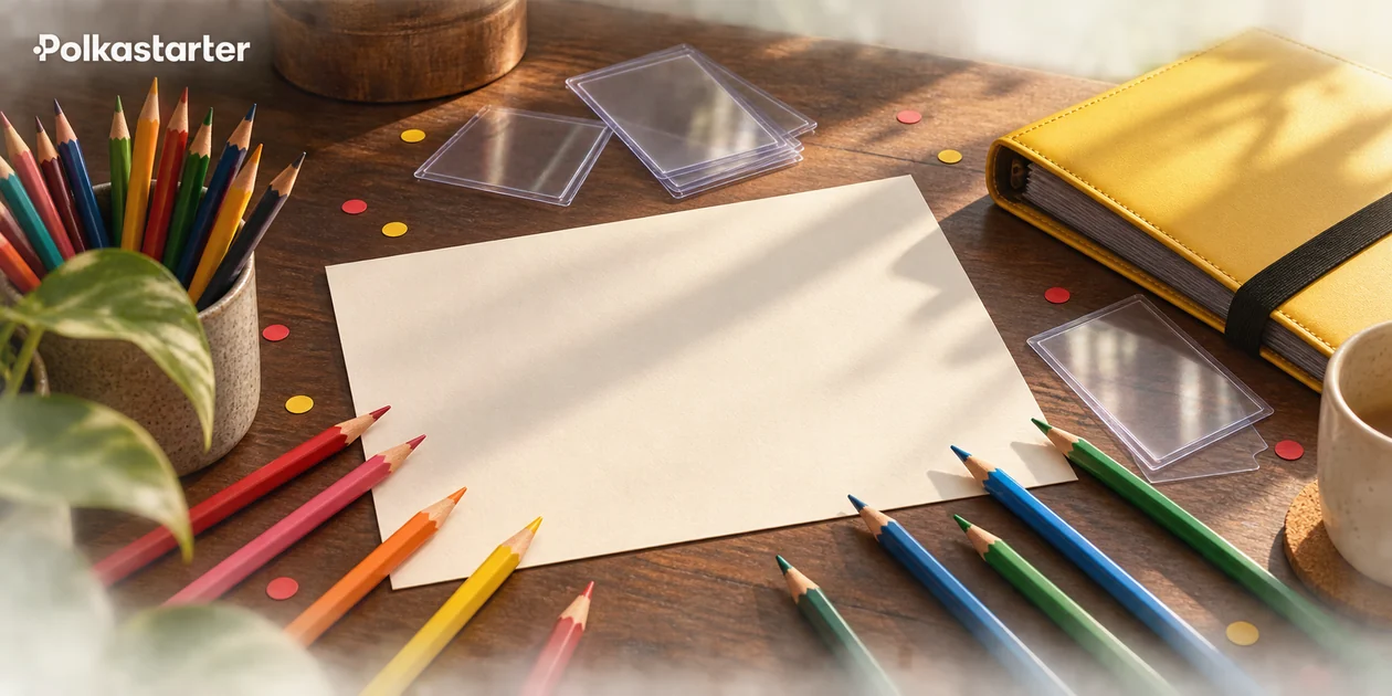 Editorial illustration of colored pencils, blank drawing paper, card sleeves and a yellow binder