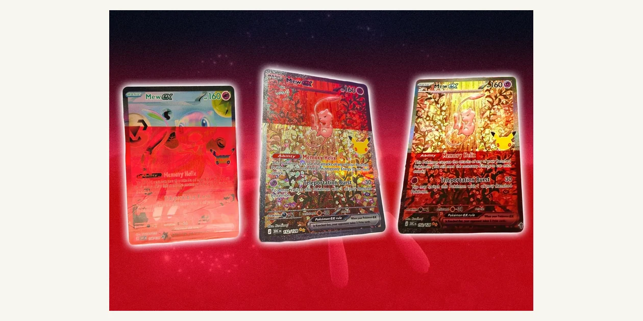 Sole Retriever composite showing three reported Mew ex cards with red areas across their artwork