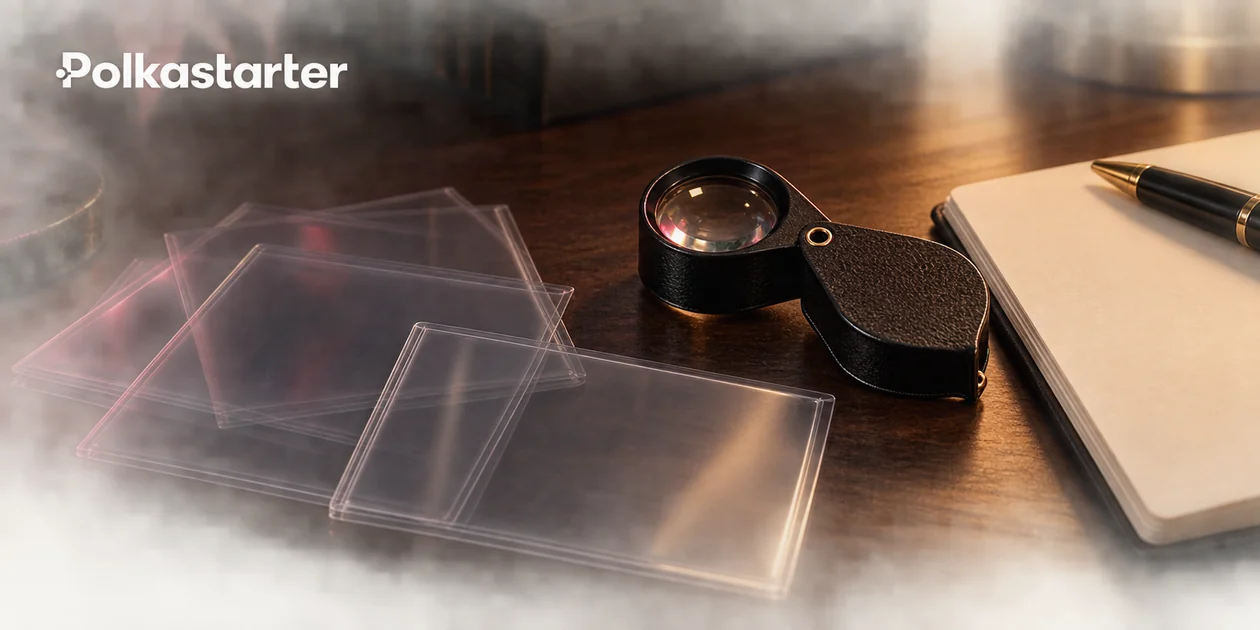 Editorial illustration of a magnifying loupe, clear card protectors and a notebook