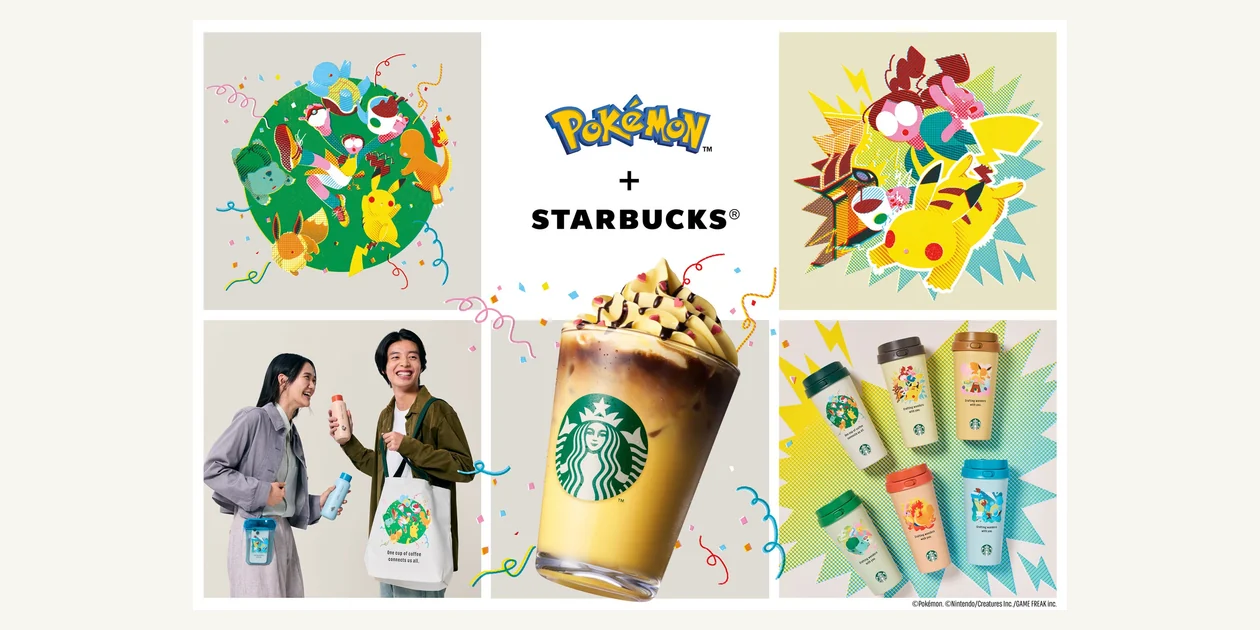 Official Pokémon and Starbucks Japan campaign image showing artwork, bottles, bags and a Pikachu-inspired drink
