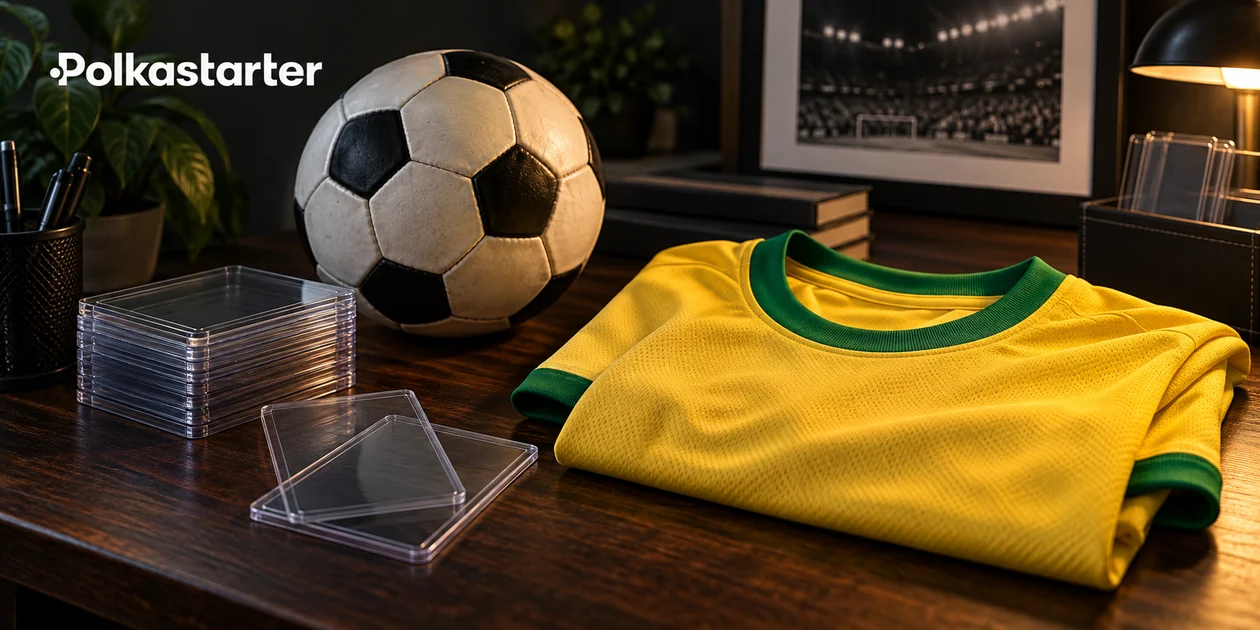 Editorial still life of an unsigned yellow football shirt, soccer ball and empty card protectors