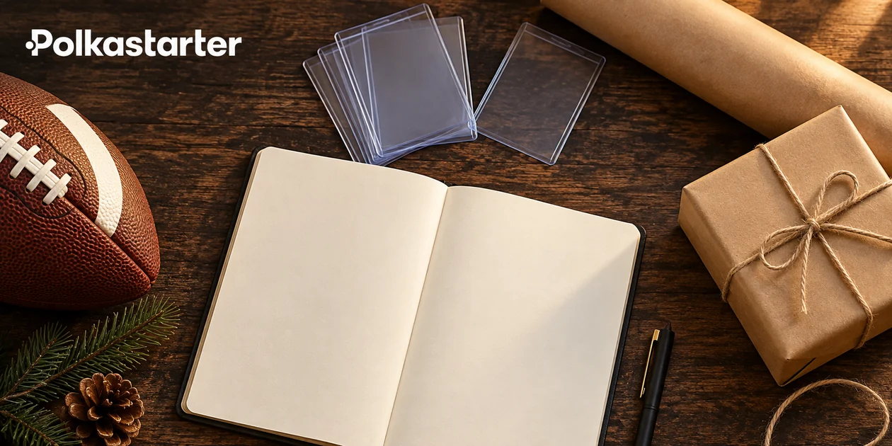 Editorial illustration of a football collector's gift-planning desk with blank notebook and sleeves