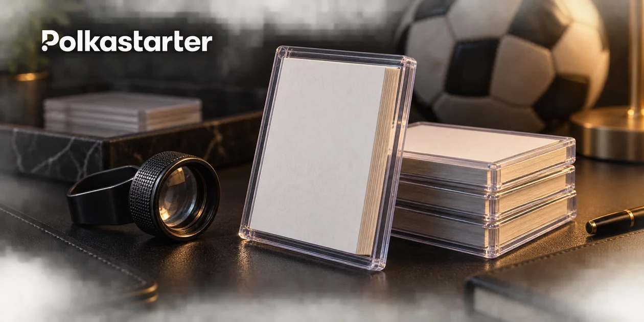 Editorial illustration of thick blank collectible-card edges in protectors beside a magnifying loupe